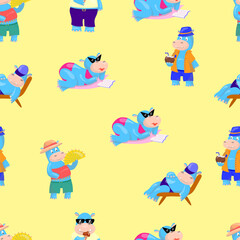 Obraz na płótnie Canvas vector illustration of hippos on a yellow background in summer seamless pattern