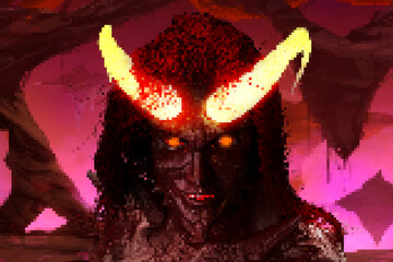 Pixel artwork illustration of female fantasy demon goddess with glowing eyes and horns standing on underworld inferno background. 16 bit game concept.