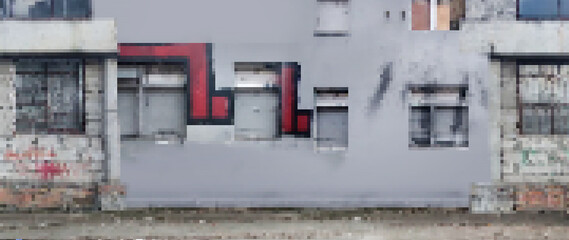 Pixel artwork illustration of grungy ruined urban inductrial street with broken walls and windows, platformer game level design clipart.