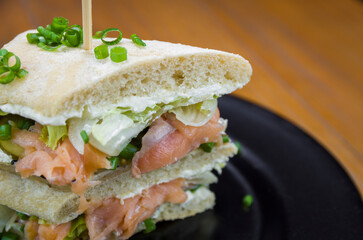 Delicious salmon sandwich close-up.