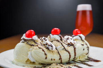Close-up of delicious banana split dessert