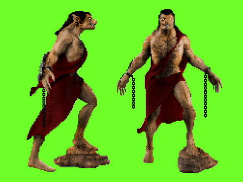 Pixel artwork illustration of werewolf monster character with broken chains and torn cloth on green screen background. 16 bit retro game clipart.