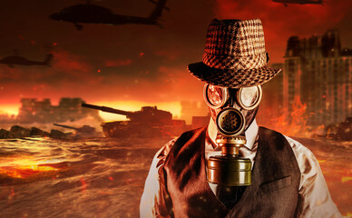 Portrait photo of post apocalyptic male citizen in formal outfit, hat and gas mask standing on...