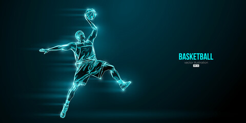 Abstract silhouette of a basketball player man in action isolated blue background. Vector illustration © Yevheniia