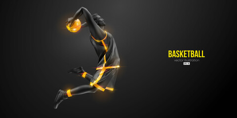 Abstract silhouette of a basketball player man in action isolated black background. Vector illustration - obrazy, fototapety, plakaty