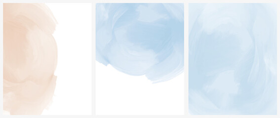 Delicate Abstract Oil Painting Style Vector Layouts. Light Coral and Pastel Blue Paint Stains on a White Background. Pastel Color Stains Print Set.