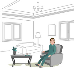 A man in a home environment and home clothes is sitting on a chair. Vector illustration of a man for animation. A man is sitting at home in a cozy atmosphere in an armchair next to a coffee table.