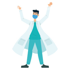 Isolated happy doctor celebrating with hands up Vector