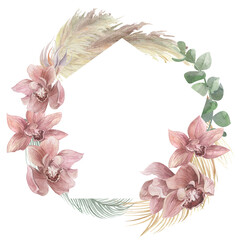 Template for creating postcards with a frame of tropical orchid flowers and dried flowers painted in watercolor isolated on a white background