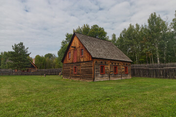 Fototapeta na wymiar Beautiful wood built structure to store goods, Fort William, Thunder Bay, Ontario, Canada