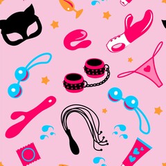 Cute seamless pattern of sex toys. Suitable for printing on fabric, paper, banners - obrazy, fototapety, plakaty