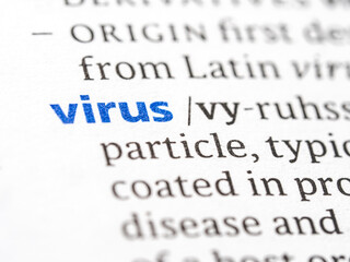 Obraz premium Virus - English dictionary definition of the word - photo of a dictionary page with paper grain texture - selective focus on the word