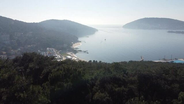 Heybeliada one of the Prince Islands in the Sea of Marmara off Istanbul in Turkey taken from the air. Parts of the island and the neighboring island Burgazada can be seen. Halki