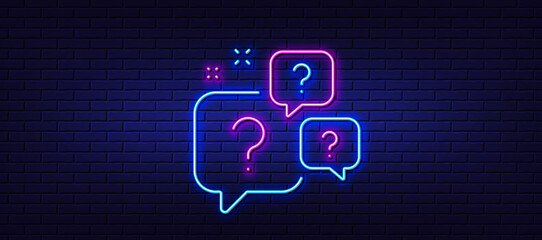 Question bubbles neon light line icon. Ask help sign. Faq questionnaire symbol. Brick pattern wall background. Line style question bubbles icon. Neon light stone brickwall texture. Vector