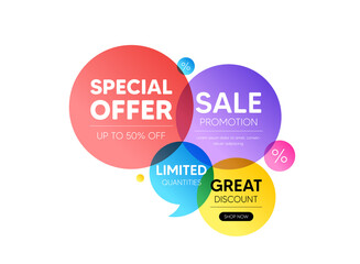 Discount banner shapes. Special offer badge. Sale bubbles coupon icon. Discounts banner, sale promotion and Limited quantities. Shop now bubbles. Banner with offer badge. Vector