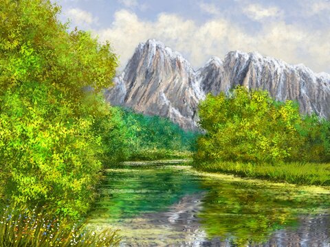 Oil paintings summer landscape, mountain river in the forest, mountain river in the mountains. Fine art.