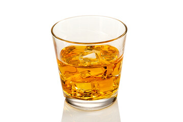 Glass of whiskey or whisky or bourbon or scotch, with ice cubes, closeup isolated on white, clipping path