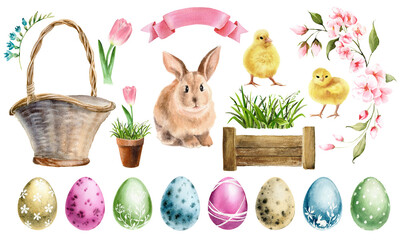 Watercolor easter clipart. Set of eggs, basket, bunny, chicken, grass, spring blossom branch, ribbon. Hand painted illustration isolated on white background
