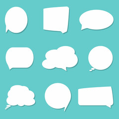 Set of speak bubble text, chatting box, message box outline cartoon vector illustration design. Balloon doodle style of thinking sign symbol.