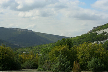 Mountain peaks overgrown with green trees