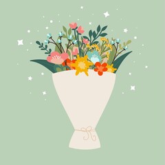 Happy Women March 8. Set cute postcard, a poster with a bouquet of flowers and stars. Spring composition, congratulations to mothers. Vector illustration on a delicate green background.