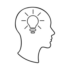 Silhouette of a head with a light bulb as an outline, illustration of an idea and mental process, light bulb in the head, Linear icon symbol of an idea, isolated on a white background. Vector graphic