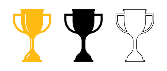 Set of silhouette cups in flat and linear style, cup icons for winners isolated on white background. Vector illustration