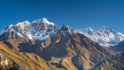 view to Nepali village forte under Everest mount