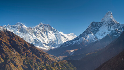wide angle view to Himalaya peaks in valley Khumbu in Nepal