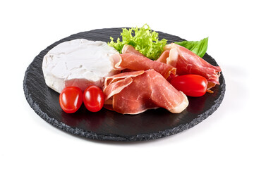Camembert cheese with jerked jamon, antipasto snacks, isolated on white background.