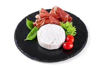 Camembert cheese with jerked jamon, antipasto snacks, isolated on white background.