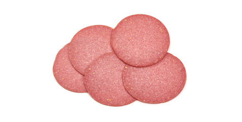 Salami sausage slices, isolated on white background.