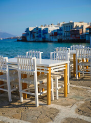 A restaurant overlooking Little Venice, Mykonos Island, Greece. Lunch and dinner overlooking the...