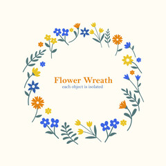 Flower wreath frame. Colorful vector botanical elements. Happy Easter. Template for the spring holiday card. Isolated flowers on white background.