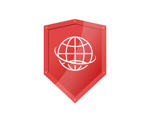 World globe on red shield. Travel insurance logo concept. Safe traveling badge. Tourist trip protection symbol. Safety journey vector isolated eps sign