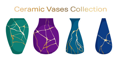 Ceramic vases for flower bouquets vector collection. Home decor interior objects illustration..