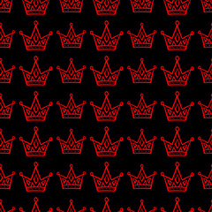 Red ink contour linear crowns isolated on black background. Cute monochrome royal seamless pattern. Vector simple flat graphic hand drawn illustration. Texture.