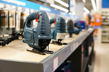 Jigsaw for construction and repair on power tool store shelves.
