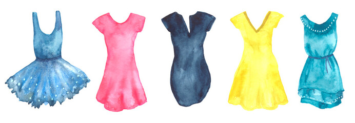 a set of light bright dresses in watercolor