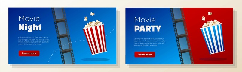 Movie night online banner template set, film theater party corporate advertisement, horizontal ad, popcorn bucket, film strip campaign webpage, flyer, creative brochure, isolated on background