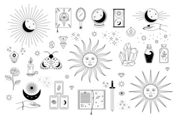 Vector set of esoterical and solar elements and symbols. Line art magical objects and celestian icons