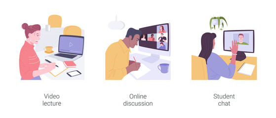 Distance learning virtual communication isolated cartoon vector illustrations set.