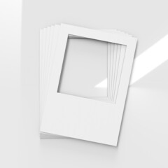 A stack of blank corrugated textured and brandable selfie boards in a fan display for mockup and illustration purposes. on a shiny white surface. 3D render illustration template.