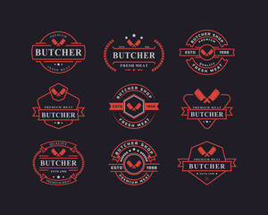 Set of Vintage Retro Badge for Butcher Shop with Crossed Cleavers Logo Design Template Element