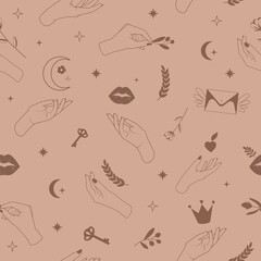 Seamless pattern with female hands and symbols in boho style. Pattern with key, moon, plants, carpet and crown.