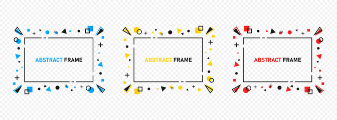 Geometric abstract frames set in blue, yellow and red colors. Modern banner with copy space on transparent background. Vector illustration EPS 10