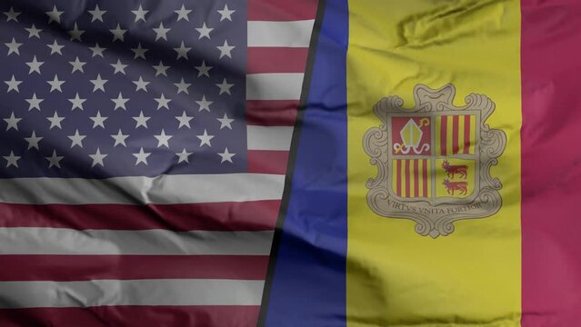 United States and Andorra flag seamless closeup waving animation. United States and Andorra Background. 3D render, 4k resolution