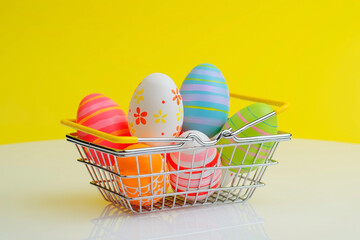 Shopping basket with colorful painted Easter eggs, minimal holiday season concept, yellow background, copy space