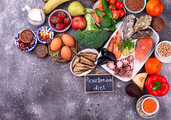 Pescetarian diet with seafood, fruit and vegetables