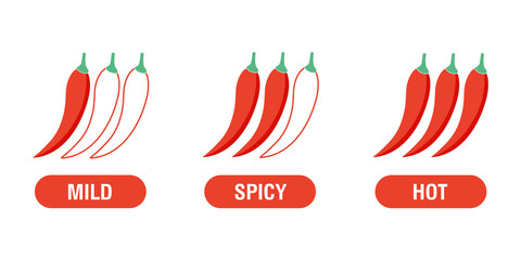 Spice level marks mild, spicy and hot. Red chili pepper. Symbol of pepper with fire. Chili level icons set. Vector